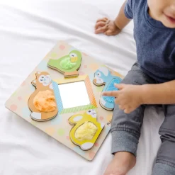 Animals & Nature Puzzles>Melissa & Doug First Play Wooden Touch and Feel Puzzle Peek-a-Boo Pets With Mirror