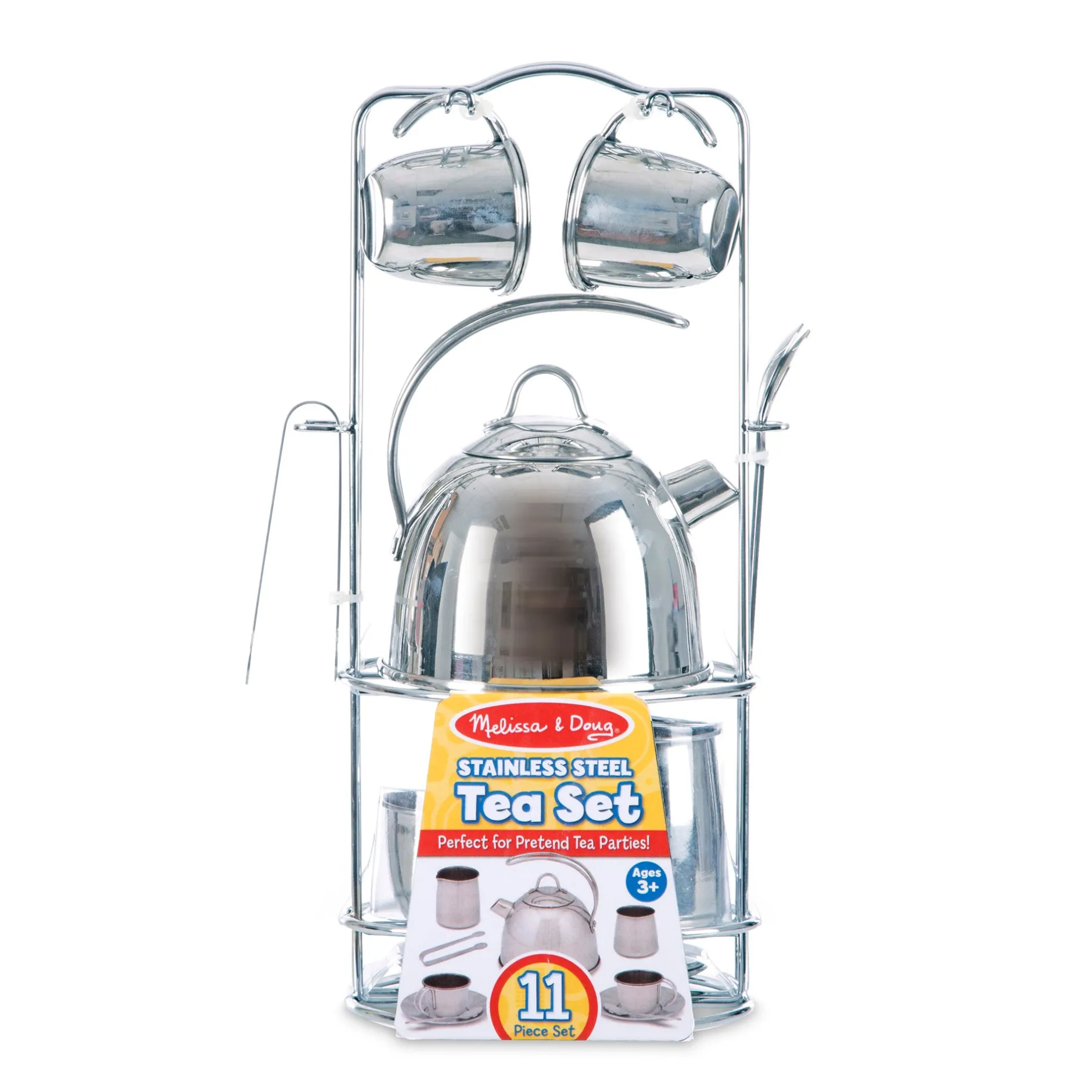 Play Food & Play Sets>Melissa & Doug Stainless Steel Tea Set with Storage Stand