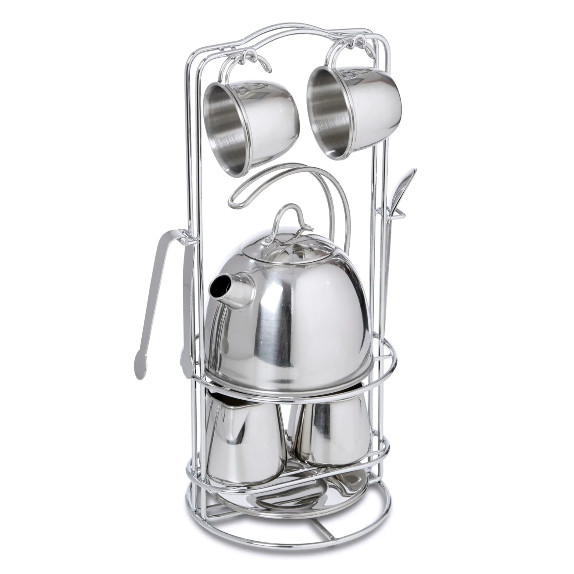 Play Food & Play Sets>Melissa & Doug Stainless Steel Tea Set with Storage Stand