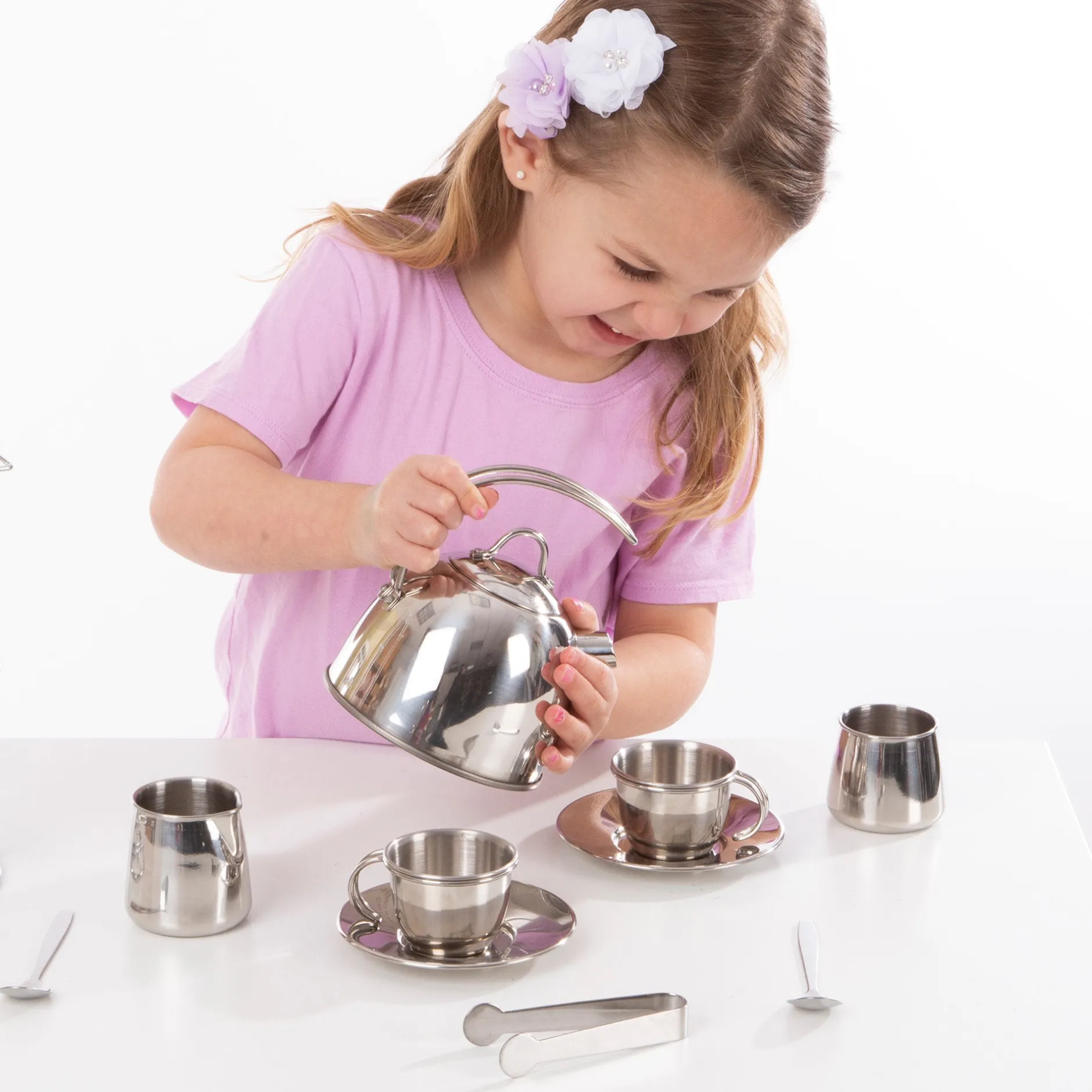 Play Food & Play Sets>Melissa & Doug Stainless Steel Tea Set with Storage Stand
