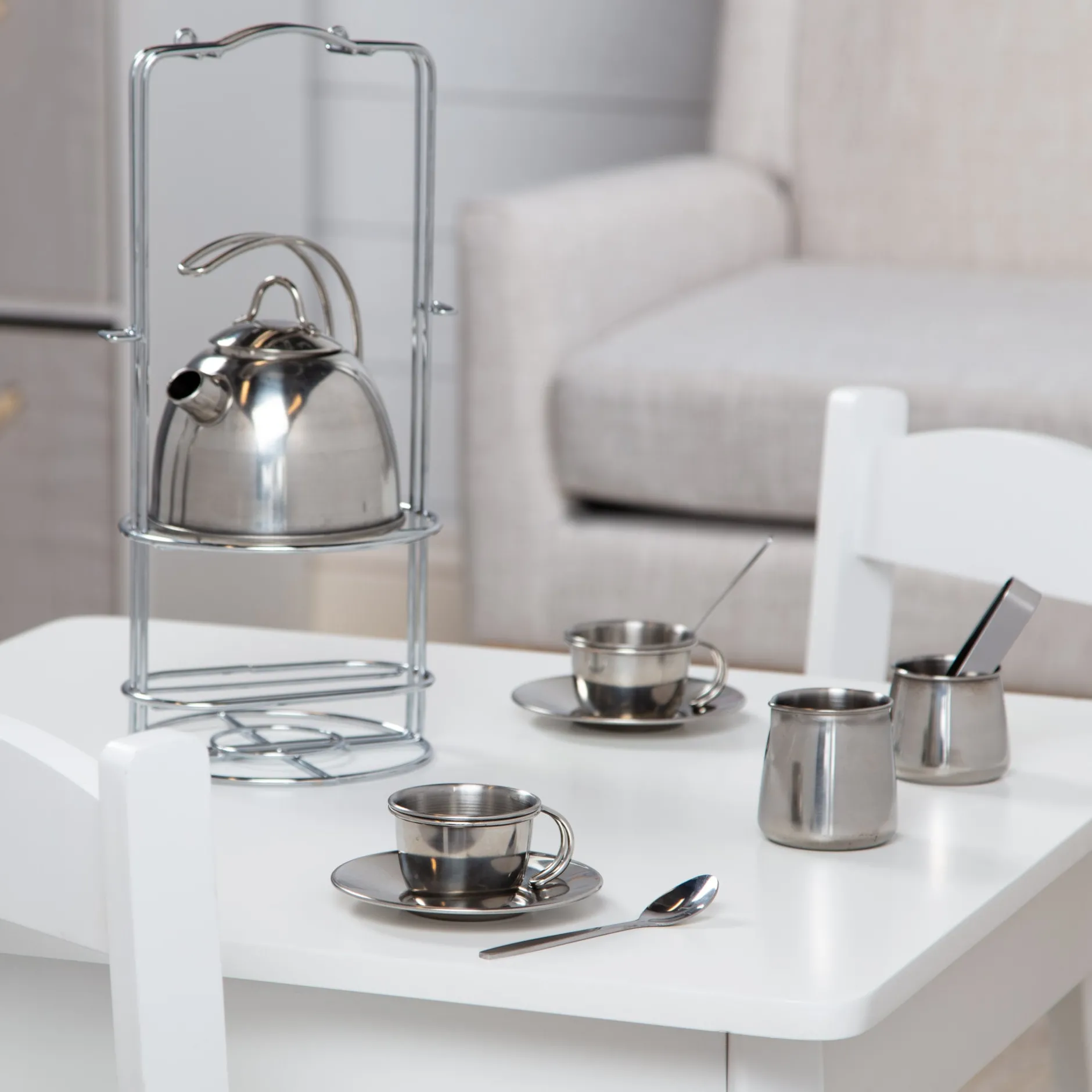 Play Food & Play Sets>Melissa & Doug Stainless Steel Tea Set with Storage Stand