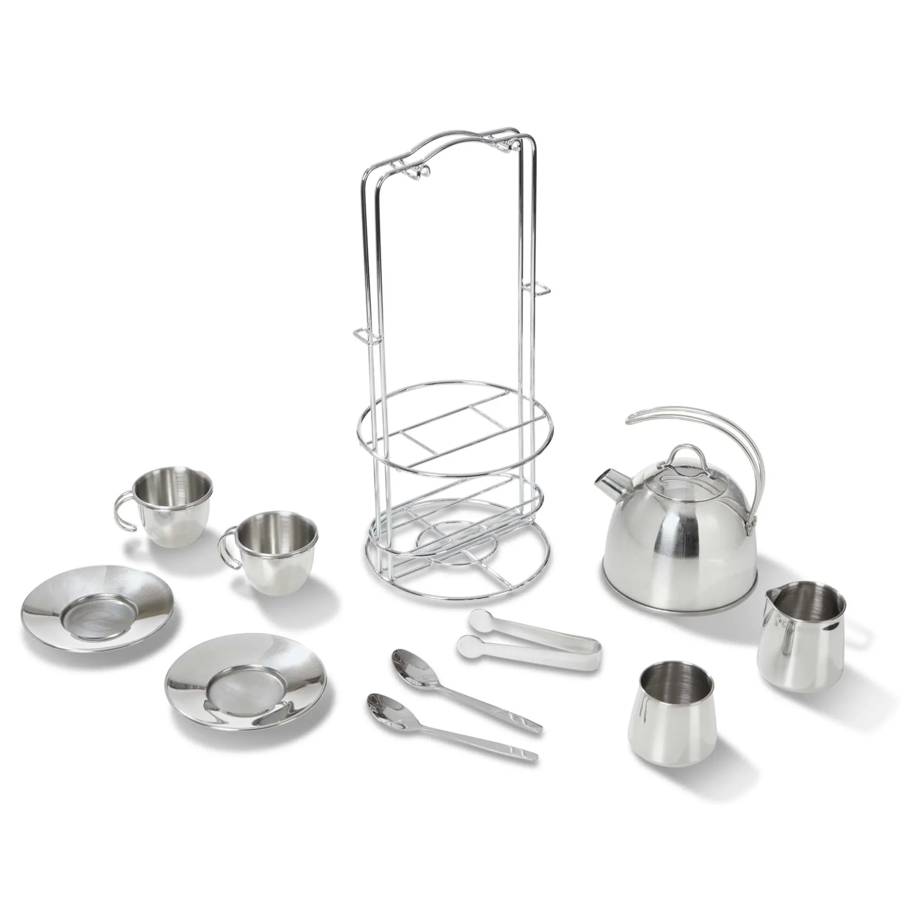 Play Food & Play Sets>Melissa & Doug Stainless Steel Tea Set with Storage Stand