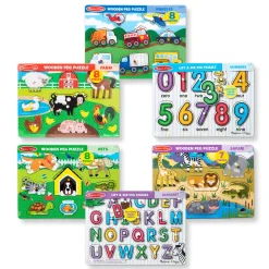Alphabet & Counting Puzzles>Melissa & Doug Wooden Peg Puzzle 6-Pack: Vehicles, Numbers, Safari, Farm, Pets, Alphabet